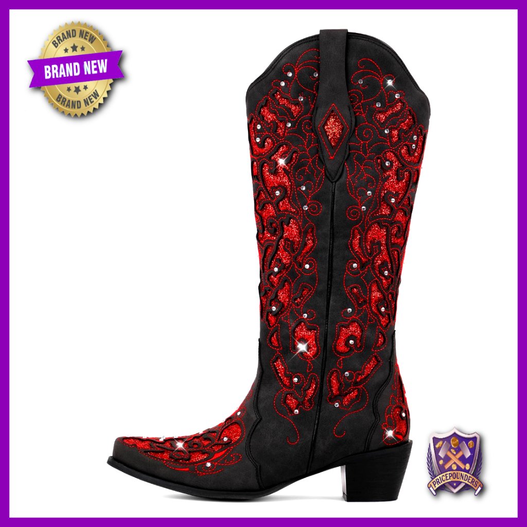 Western Cowboy Boots Sparkly Rhinestone Mid Calf Chunky Heel Women's Shoes
